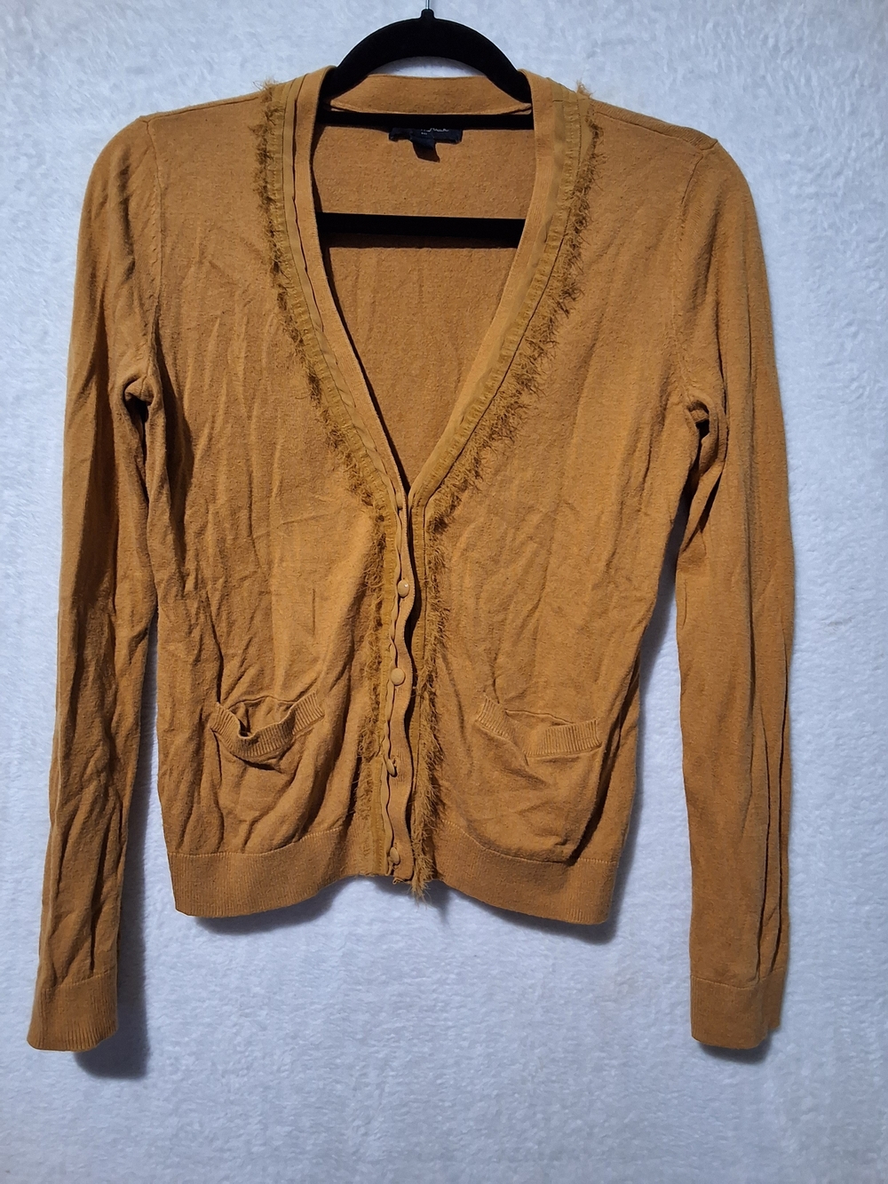 Women's Mustard Fringe-Trim Cardigan Sweater